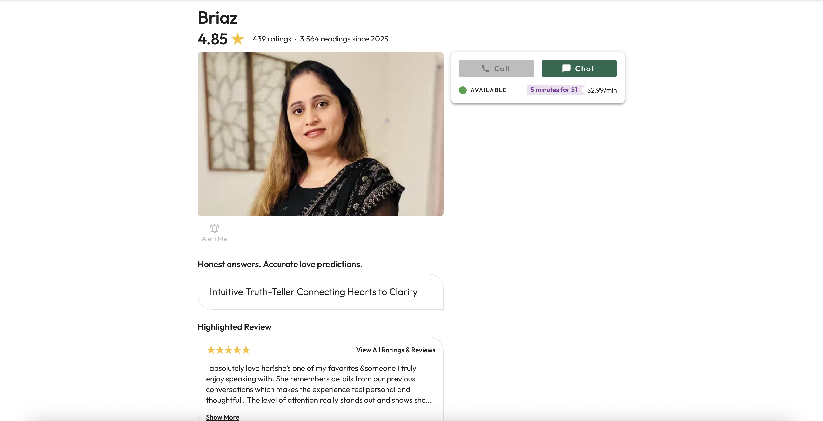 Keen advisor profile page — Briaz, 4.85 rating, 439 reviews