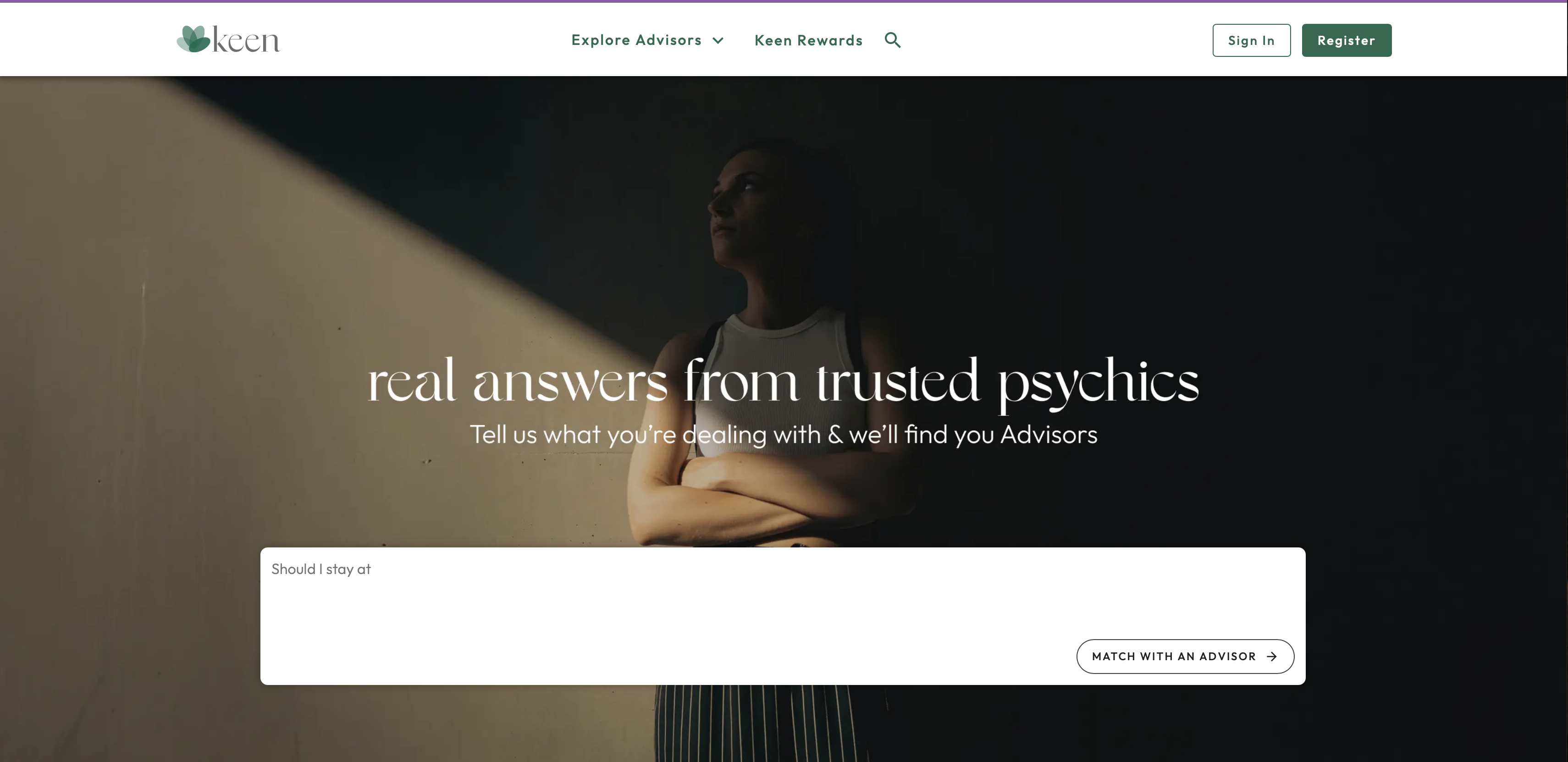 Keen.com homepage — “Real answers from trusted psychics”
